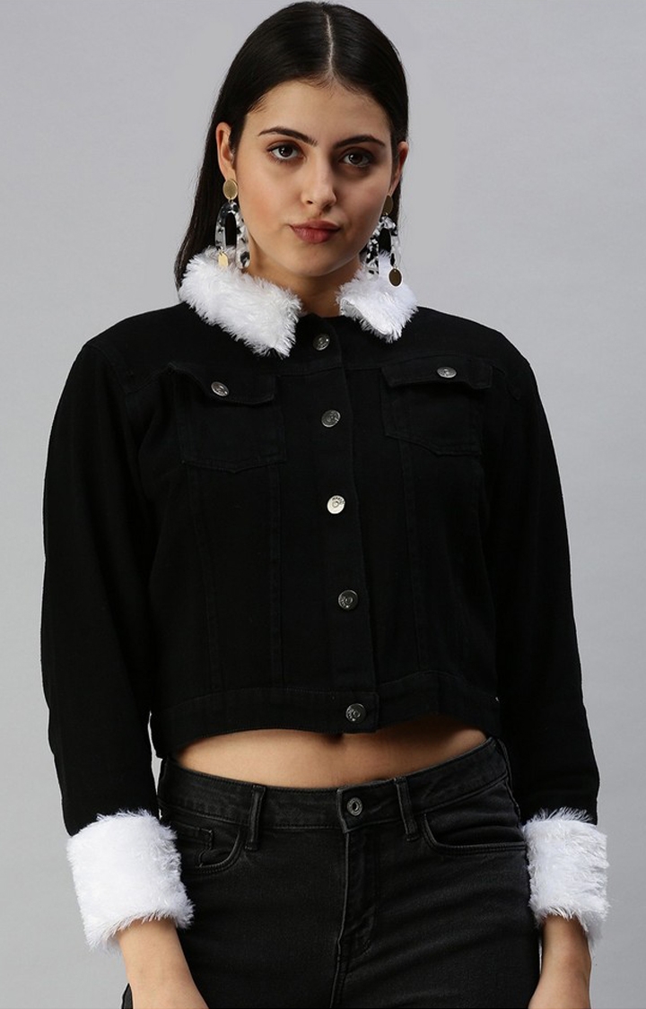 Showoff | SHOWOFF Women Black Solid Spread Collar Full Sleeves Jacket 0