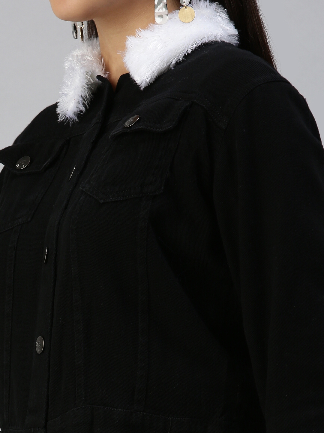 Showoff | SHOWOFF Women Black Solid Spread Collar Full Sleeves Jacket 4