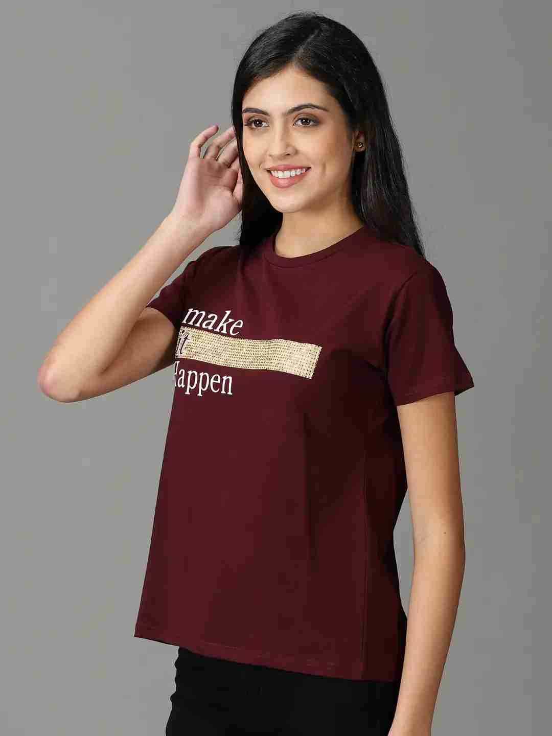 SHOWOFF Women Burgundy Solid Round Neck Short Sleeves Regular Top