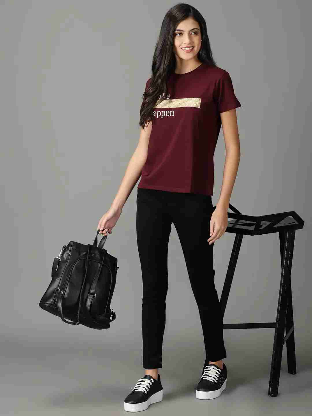 SHOWOFF Women Burgundy Solid Round Neck Short Sleeves Regular Top