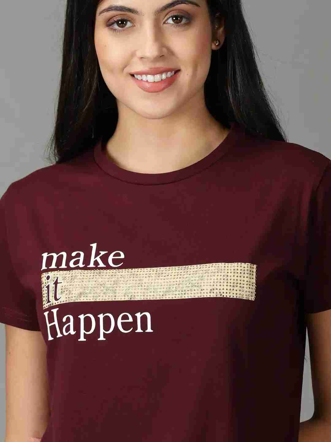 SHOWOFF Women Burgundy Solid Round Neck Short Sleeves Regular Top