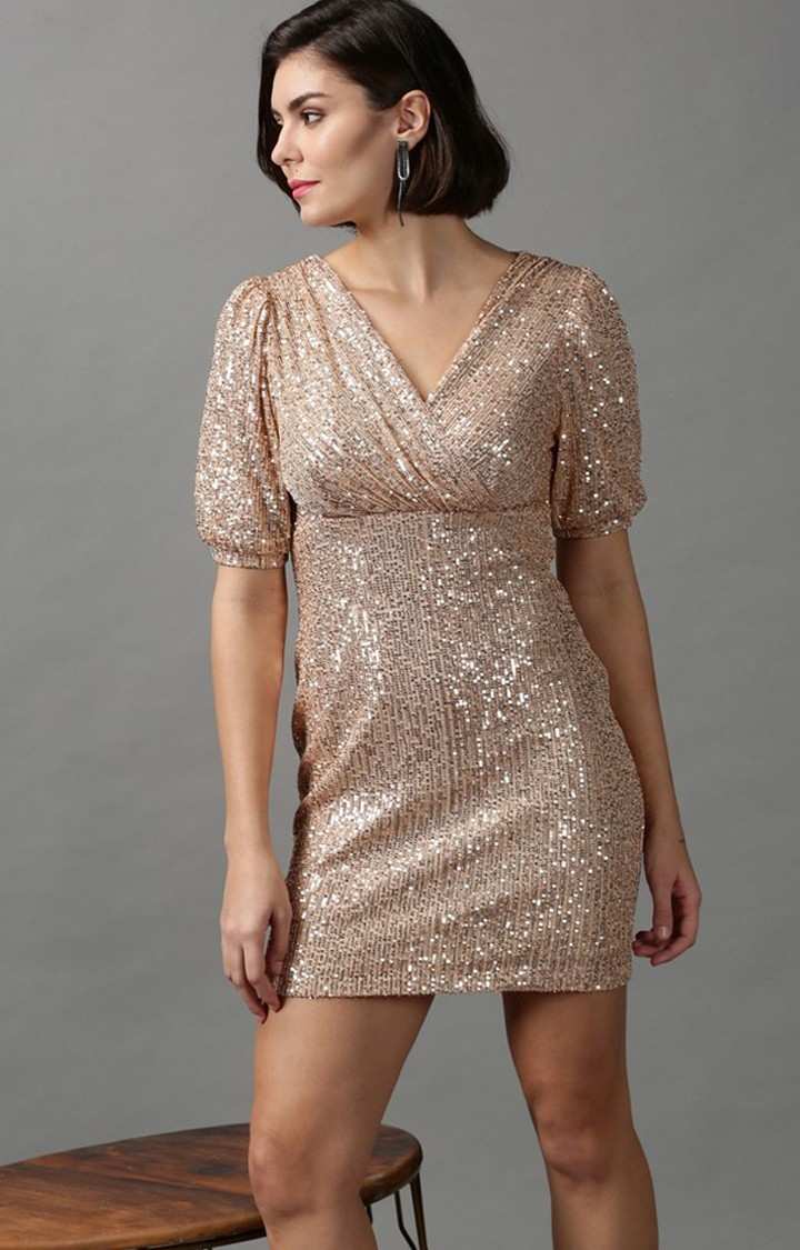 SHOWOFF Women s Solid Rose Gold Knee Length Bodycon Dress