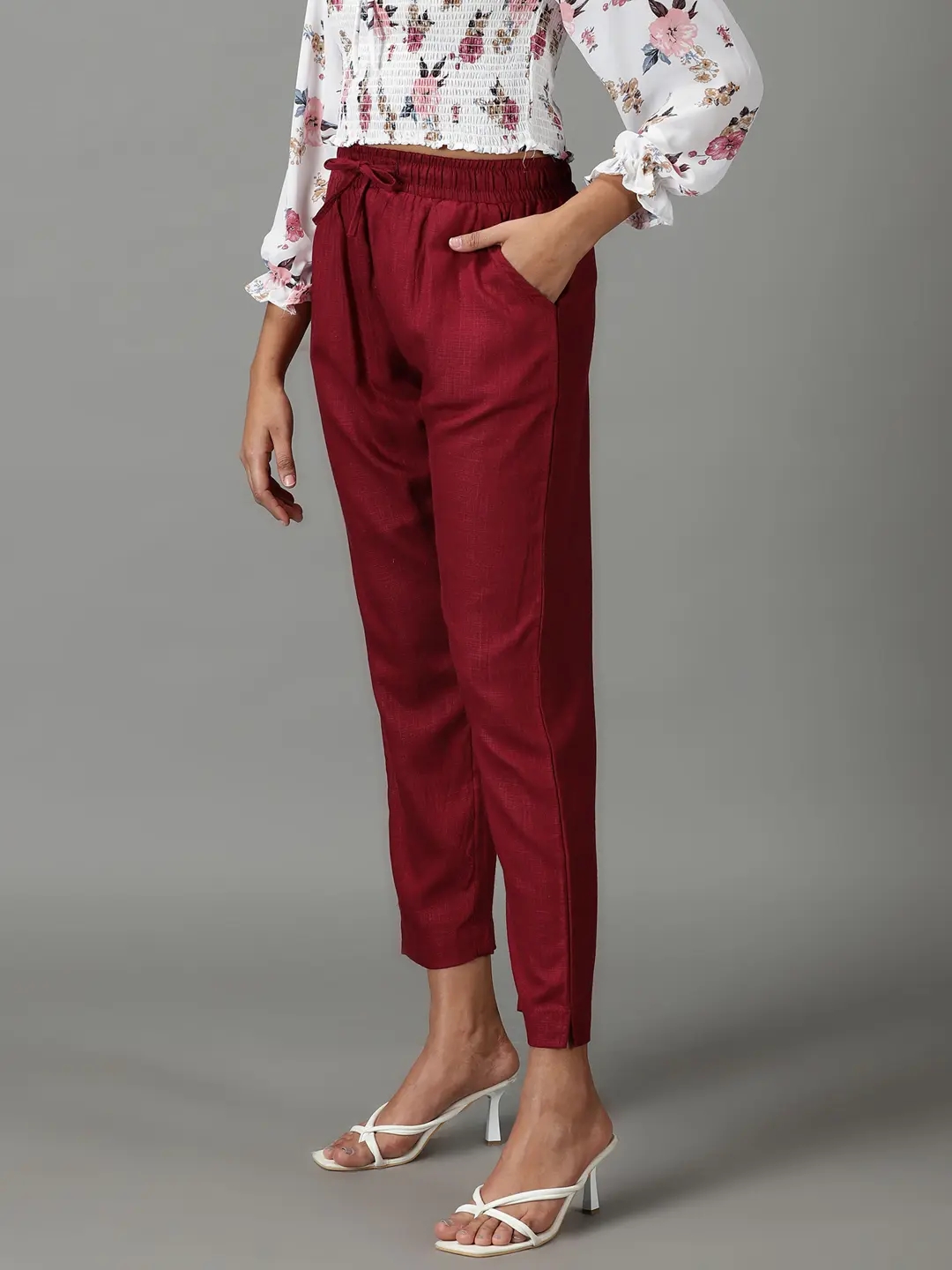 Buy Women Maroon Solid Formal Slim Fit Trousers Online  631332  Van Heusen
