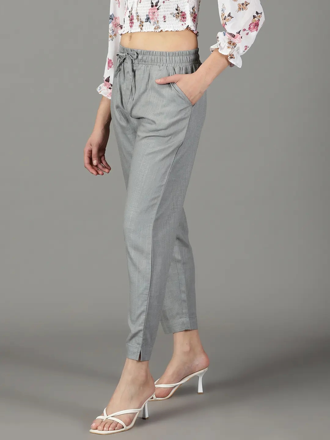 Grey Cotton Women Formal Trouser