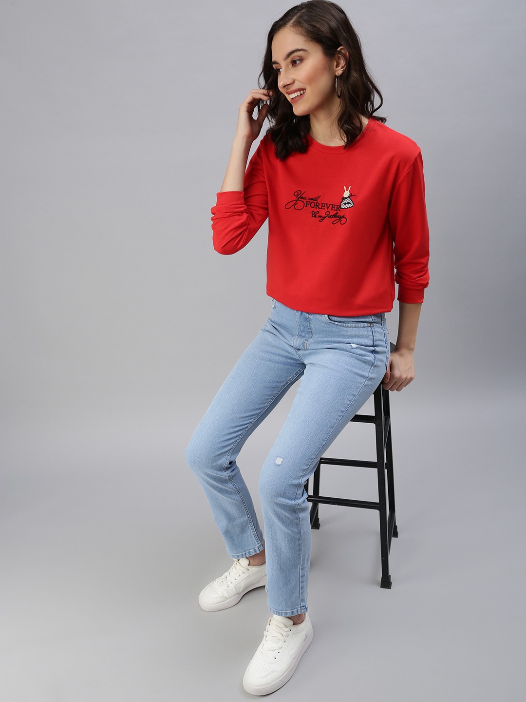 SHOWOFF Women Red Solid Round Neck Full Sleeves Pullover Sweatshirt