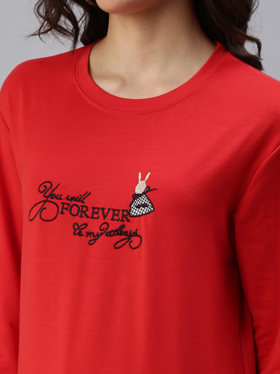SHOWOFF Women Red Solid Round Neck Full Sleeves Pullover Sweatshirt