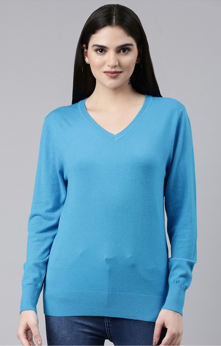 SHOWOFF Women's V-Neck Solid Blue Fitted Regular Top