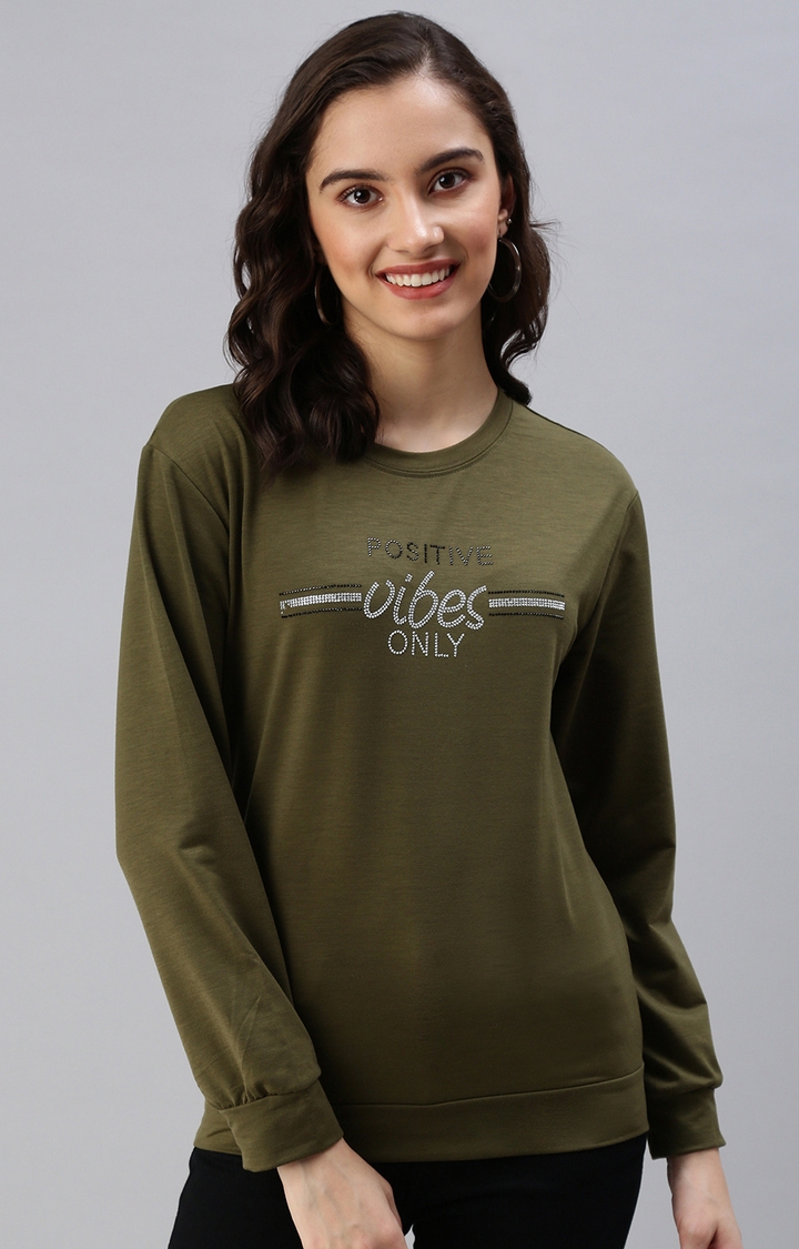 Showoff | SHOWOFF Women Olive Solid Round Neck Full Sleeves Pullover Sweatshirt 0
