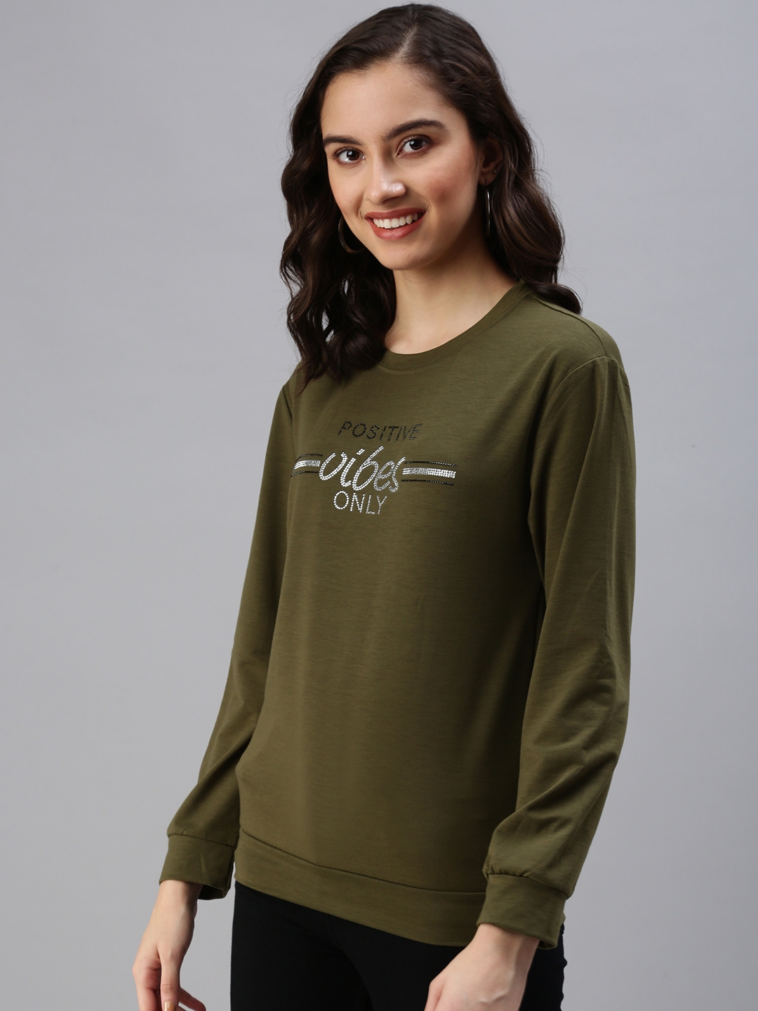 Showoff | SHOWOFF Women Olive Solid Round Neck Full Sleeves Pullover Sweatshirt 2