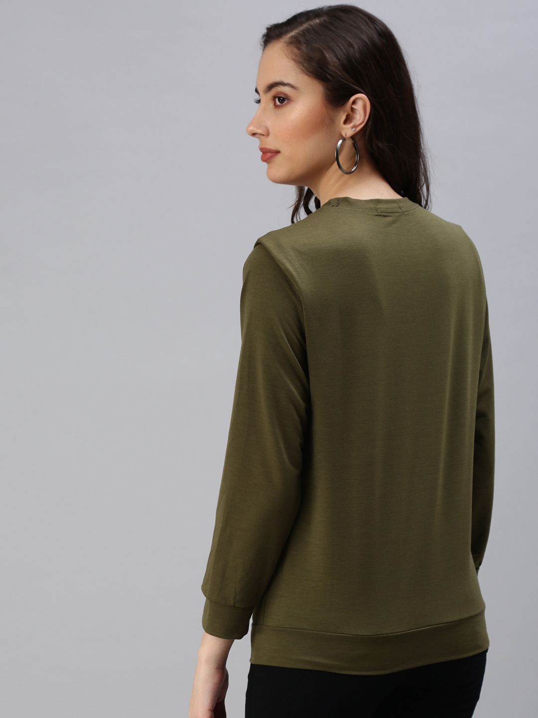 Showoff | SHOWOFF Women Olive Solid Round Neck Full Sleeves Pullover Sweatshirt 3