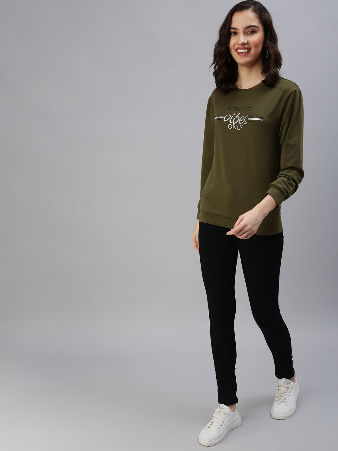 Showoff | SHOWOFF Women Olive Solid Round Neck Full Sleeves Pullover Sweatshirt 4