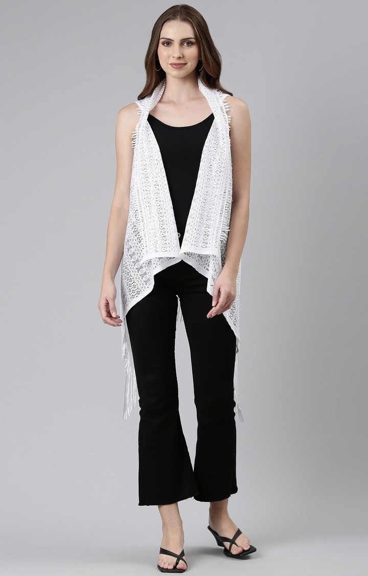 SHOWOFF Women s Self Design Sleeveless Longline Open Front White Shrug