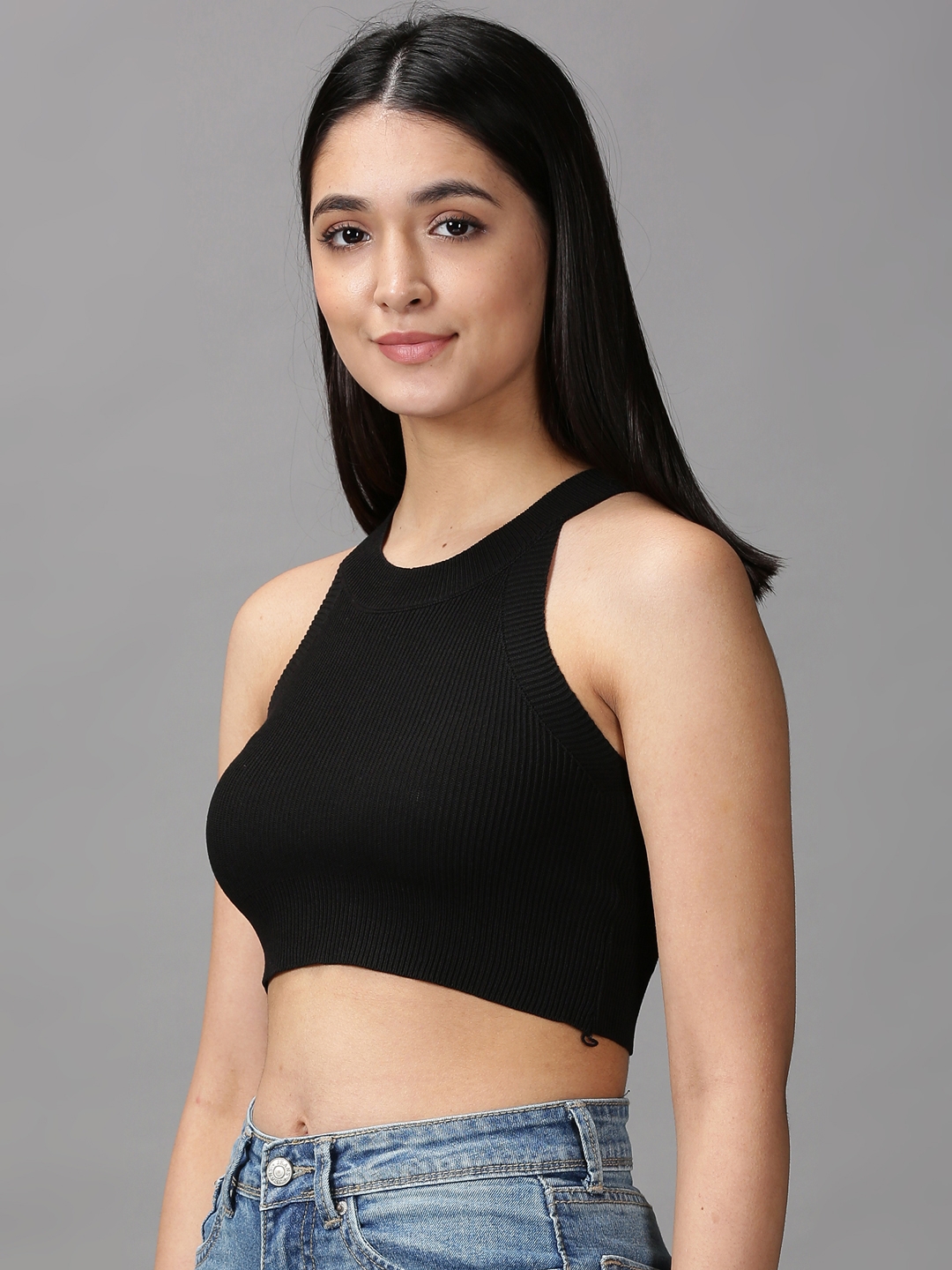 SHOWOFF Women Black Solid Halter Neck Sleeveless Crop Fitted Top