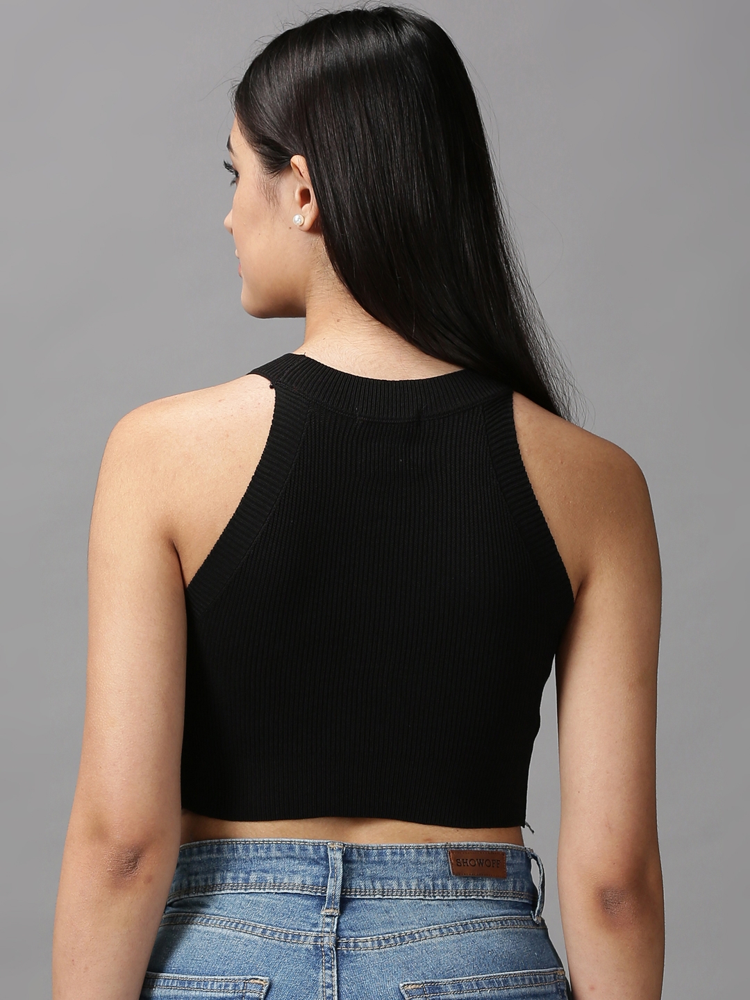 SHOWOFF Women Black Solid Halter Neck Sleeveless Crop Fitted Top