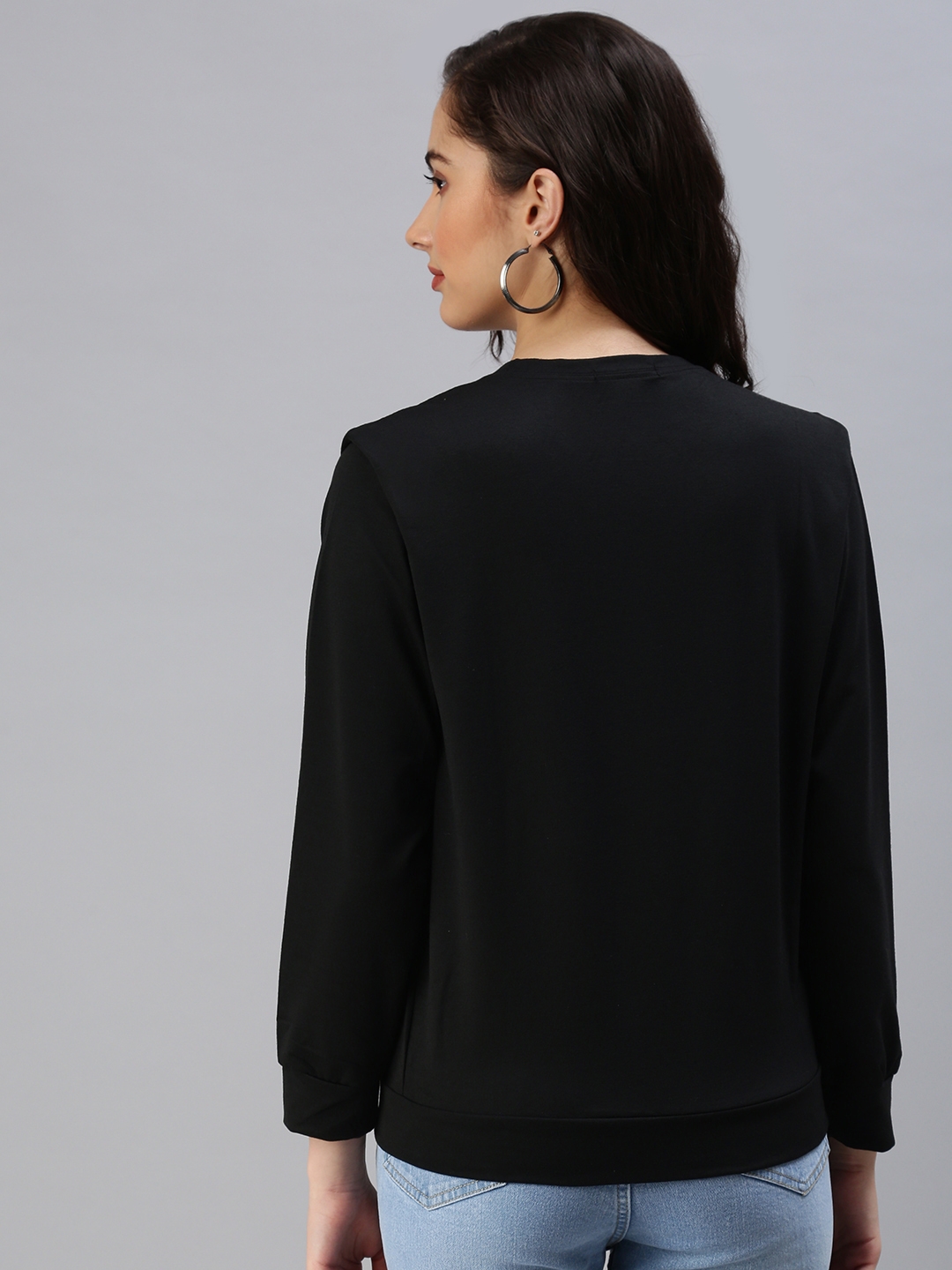 Showoff | SHOWOFF Women Black Solid Round Neck Full Sleeves Pullover Sweatshirt 2