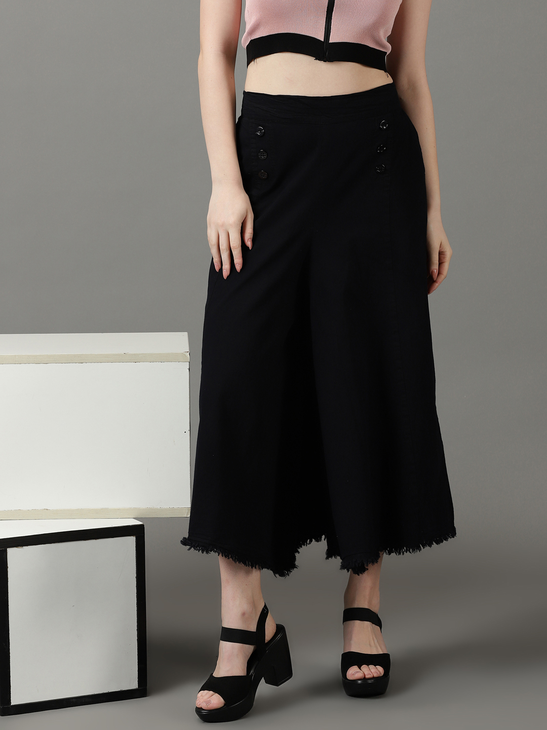 SHOWOFF Women's Solid Flat-Front Flared Black Trouser
