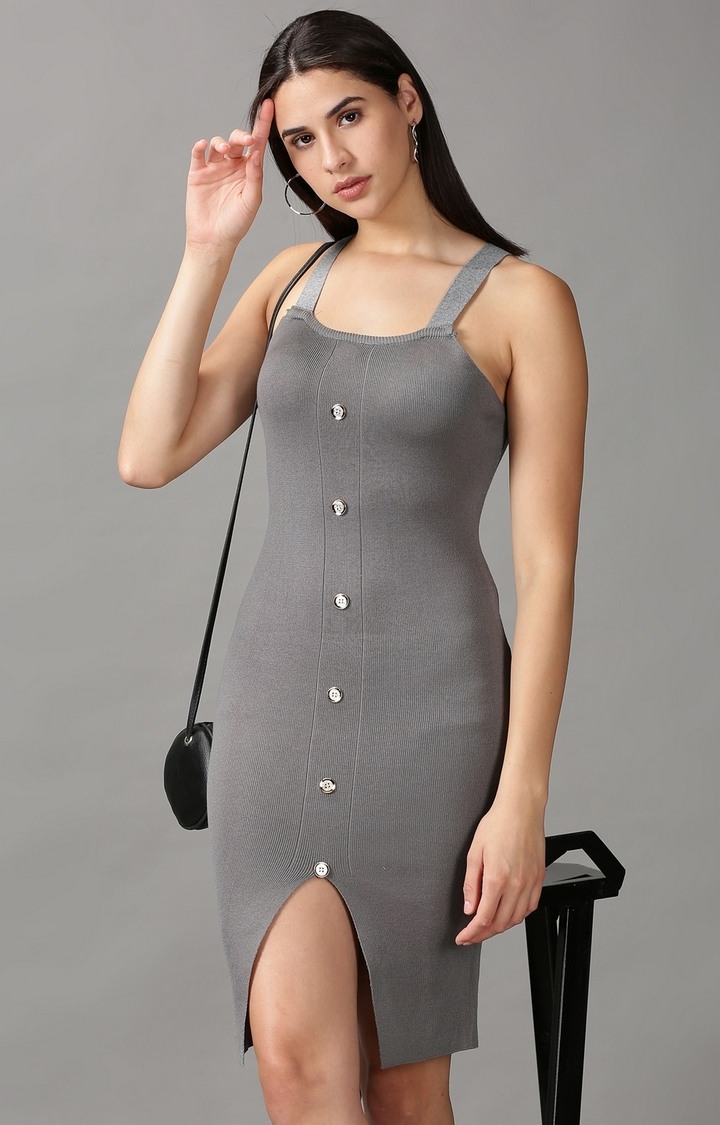 SHOWOFF Women Grey Solid Shoulder Straps Sleeveless Knee length Bodycon Dress