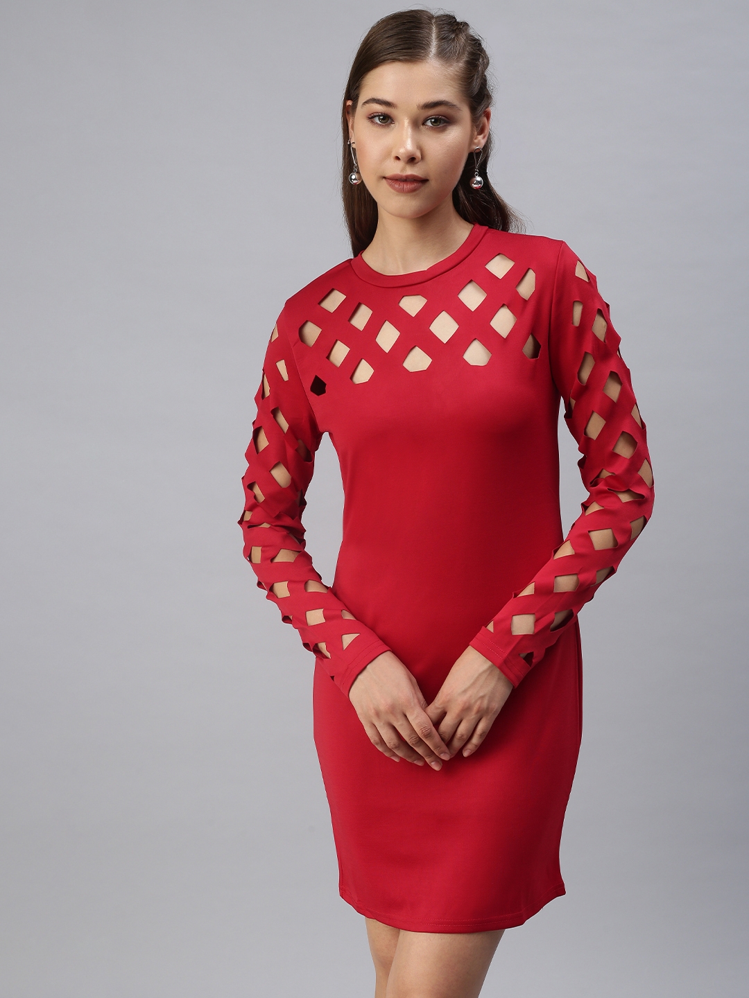 Showoff | SHOWOFF Women Red Solid Round Neck Full Sleeves Knee length Sheath Dress 1