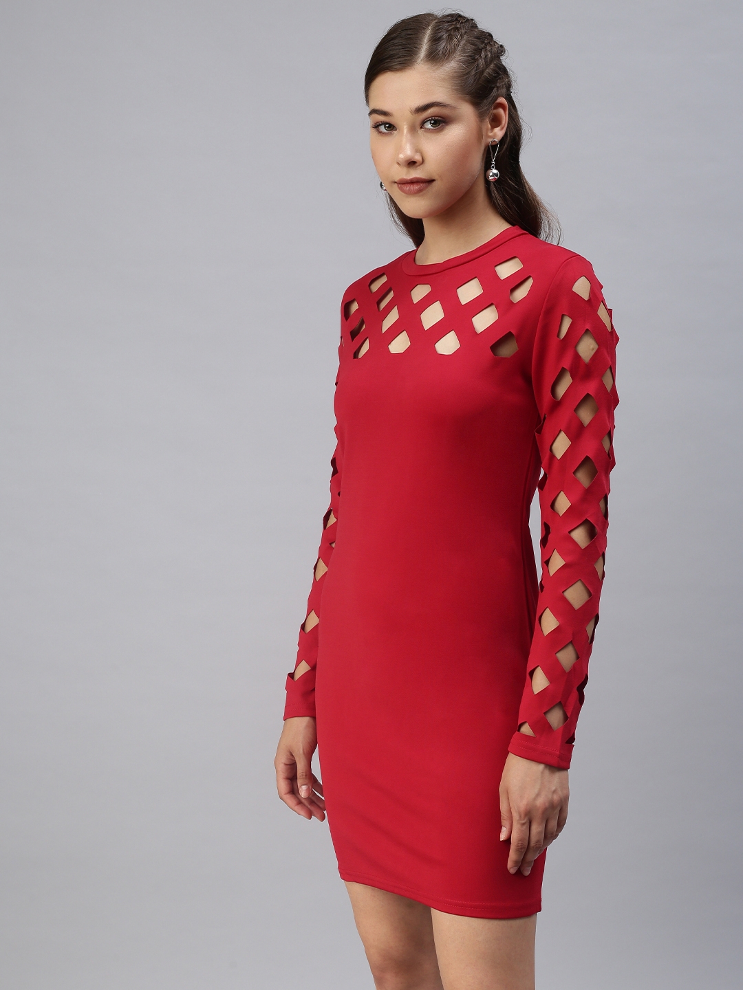 Showoff | SHOWOFF Women Red Solid Round Neck Full Sleeves Knee length Sheath Dress 2