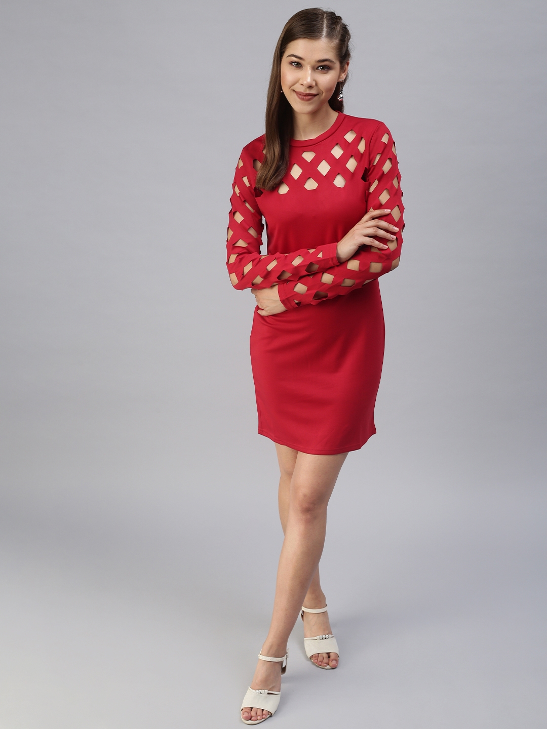 Showoff | SHOWOFF Women Red Solid Round Neck Full Sleeves Knee length Sheath Dress 4