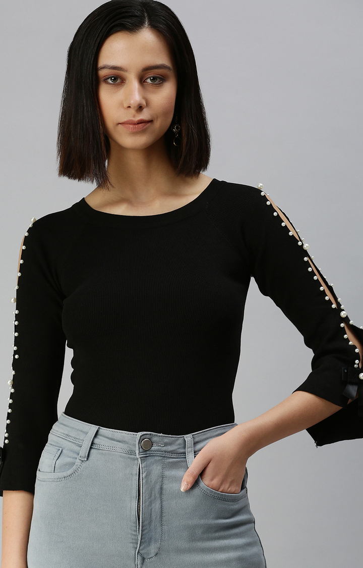 SHOWOFF Women's Boat Neck Solid Black Regular Top