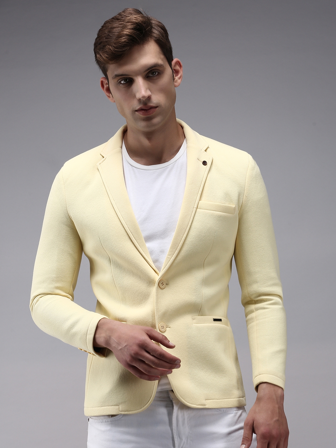 Showoff | SHOWOFF Men Yellow Solid  Notched Lapel Full Sleeves Open Front Blazer 1