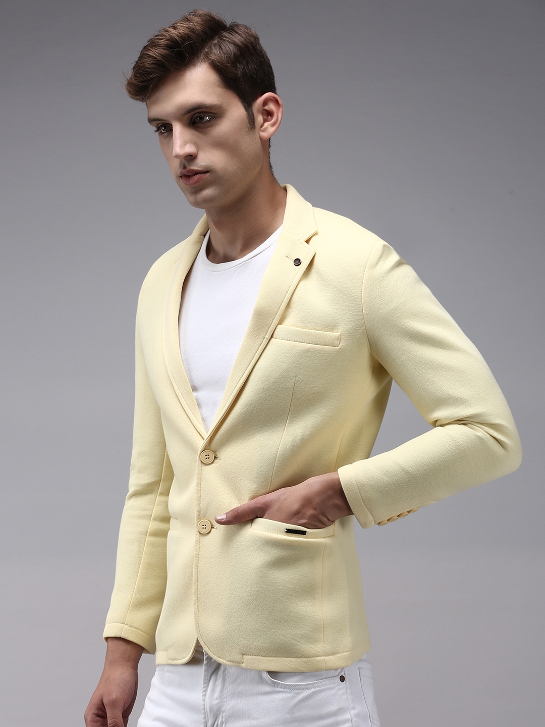 Showoff | SHOWOFF Men Yellow Solid  Notched Lapel Full Sleeves Open Front Blazer 2