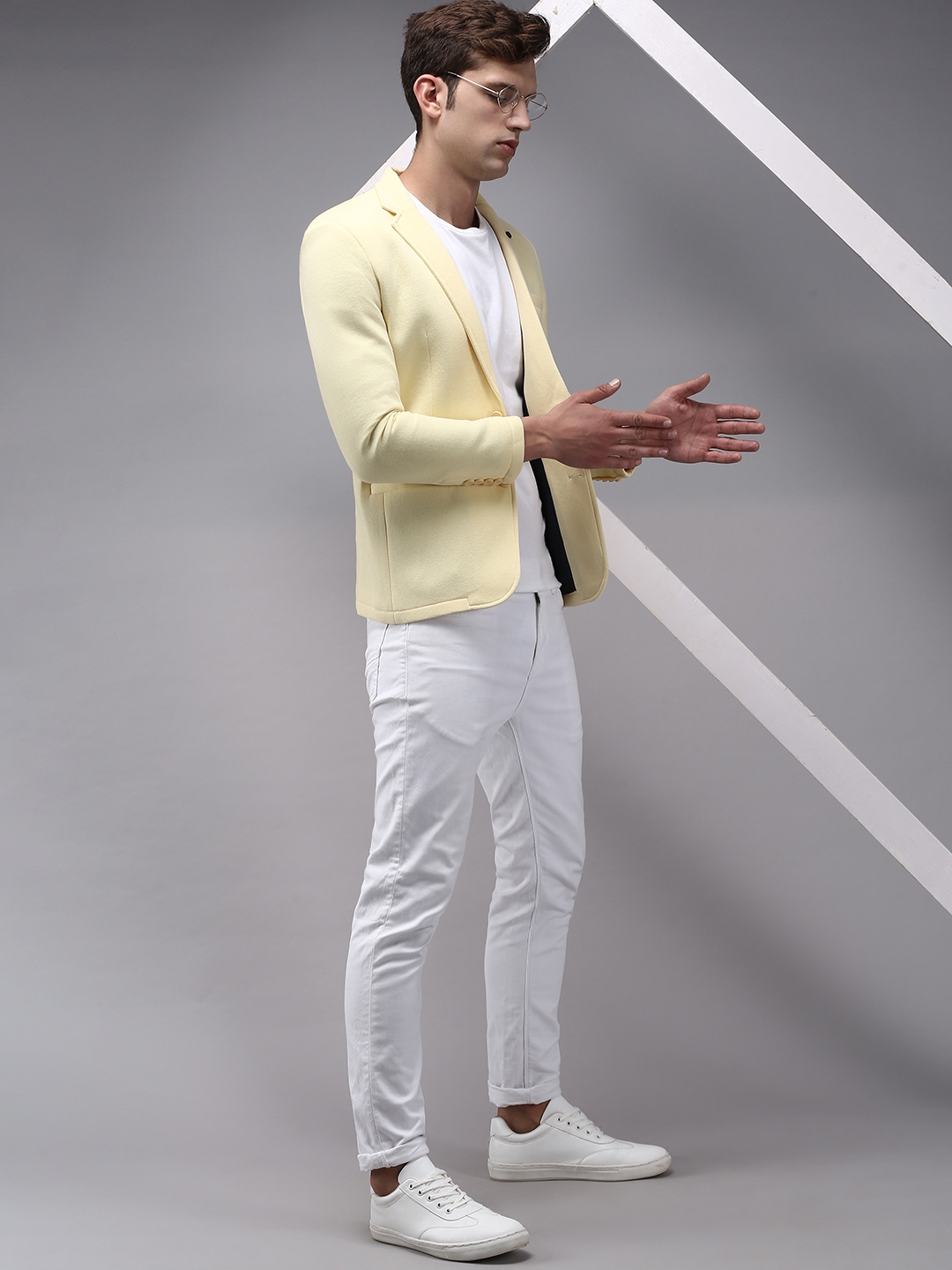 Showoff | SHOWOFF Men Yellow Solid  Notched Lapel Full Sleeves Open Front Blazer 4