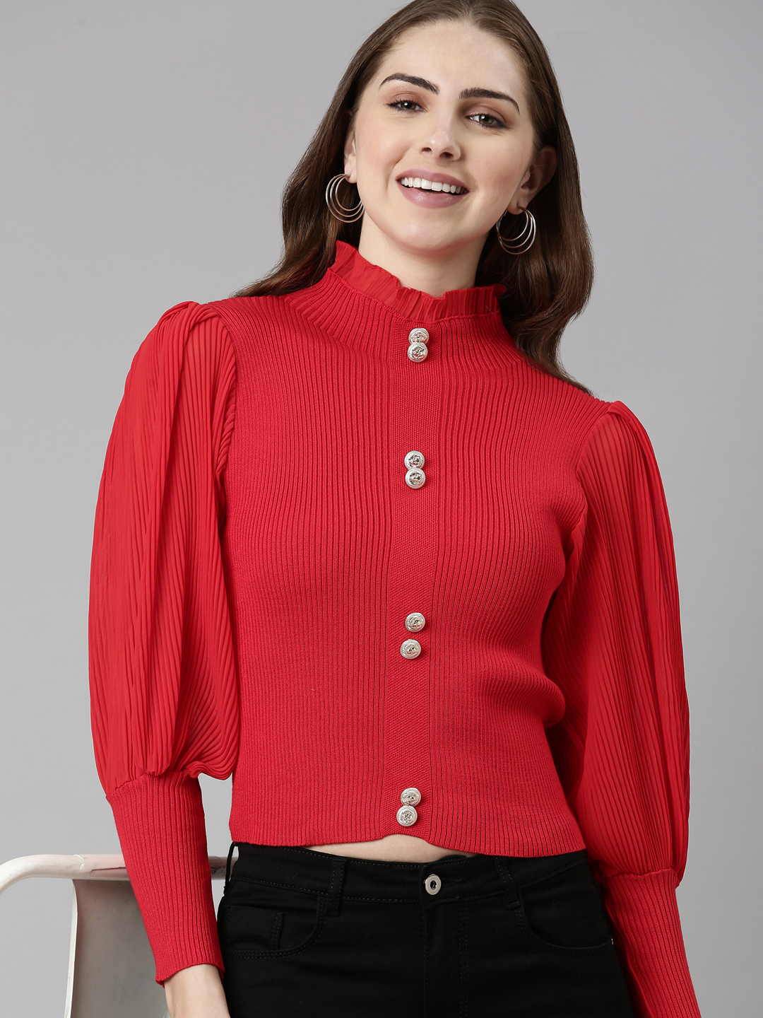 SHOWOFF Women's High Neck Solid Bishop Sleeves Fitted Red Crop Top
