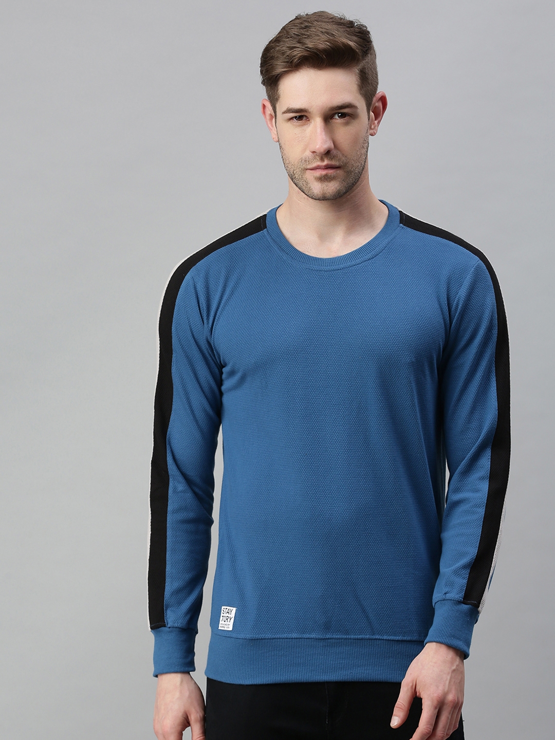 Showoff | SHOWOFF Men Blue Solid Round Neck Full Sleeves Slim Fit Mid Length Sweatshirt 1