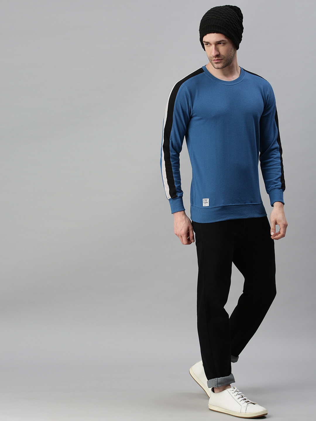 Showoff | SHOWOFF Men Blue Solid Round Neck Full Sleeves Slim Fit Mid Length Sweatshirt 4