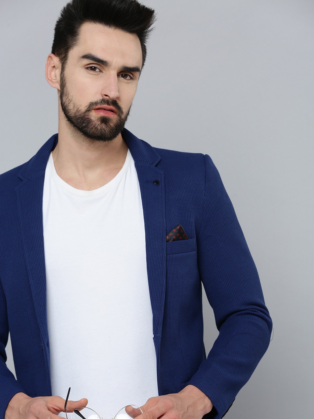 SHOWOFF Men Blue Self Design Notched Lapel Full Sleeves Open Front