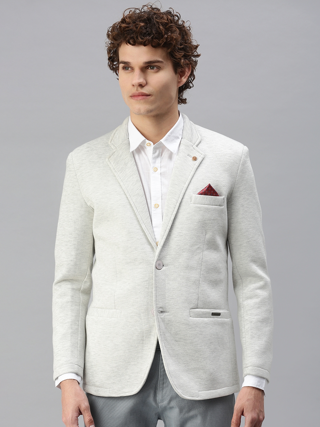 Showoff | SHOWOFF Men Off White Solid Notched Lapel Full Sleeves Slim Fit Open Front Blazer 0