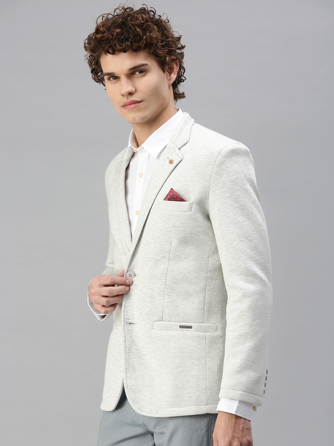 Showoff | SHOWOFF Men Off White Solid Notched Lapel Full Sleeves Slim Fit Open Front Blazer 1