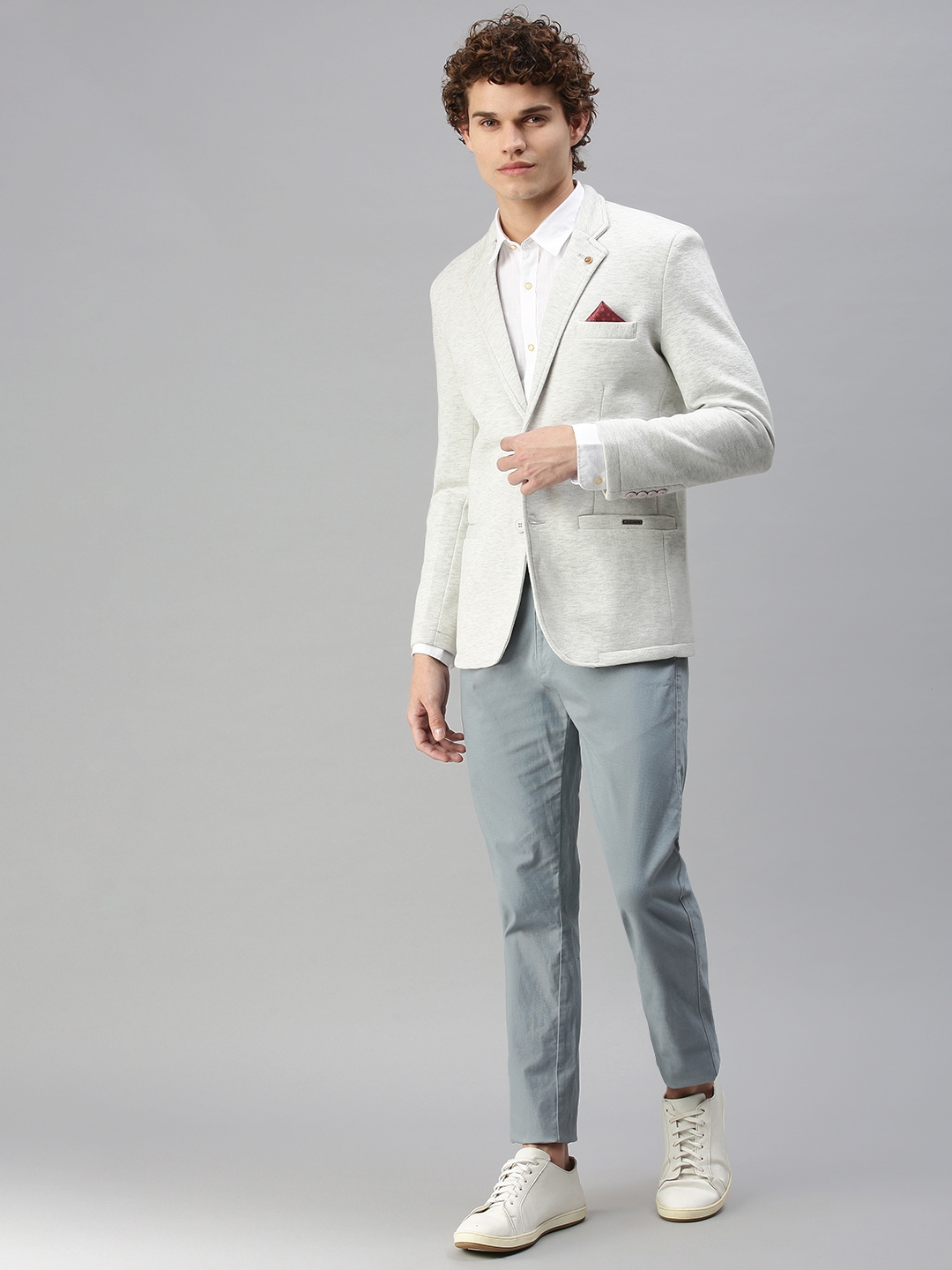 Showoff | SHOWOFF Men Off White Solid Notched Lapel Full Sleeves Slim Fit Open Front Blazer 3