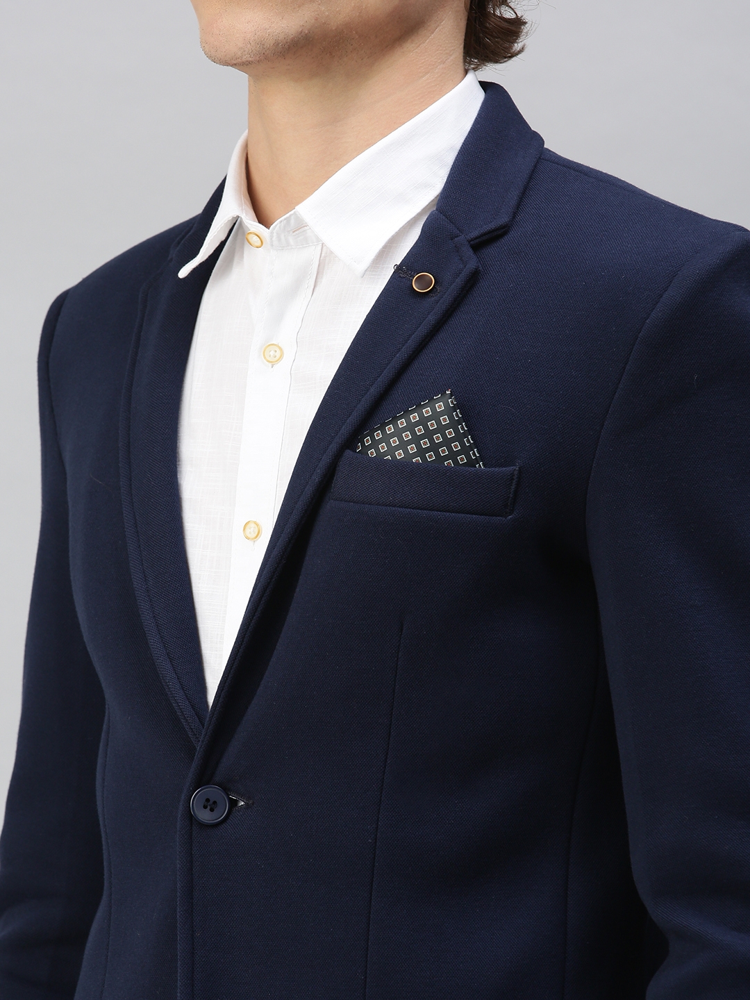Showoff | SHOWOFF Men Navy Blue Solid Notched Lapel Full Sleeves Slim Fit Open Front Blazer 4