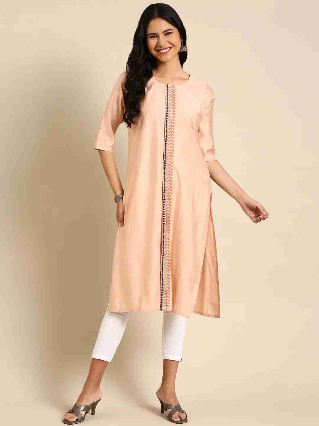 SHOWOFF Women Peach Solid Round Neck Three-Quarter Sleeves Mid Length Straight Kurta