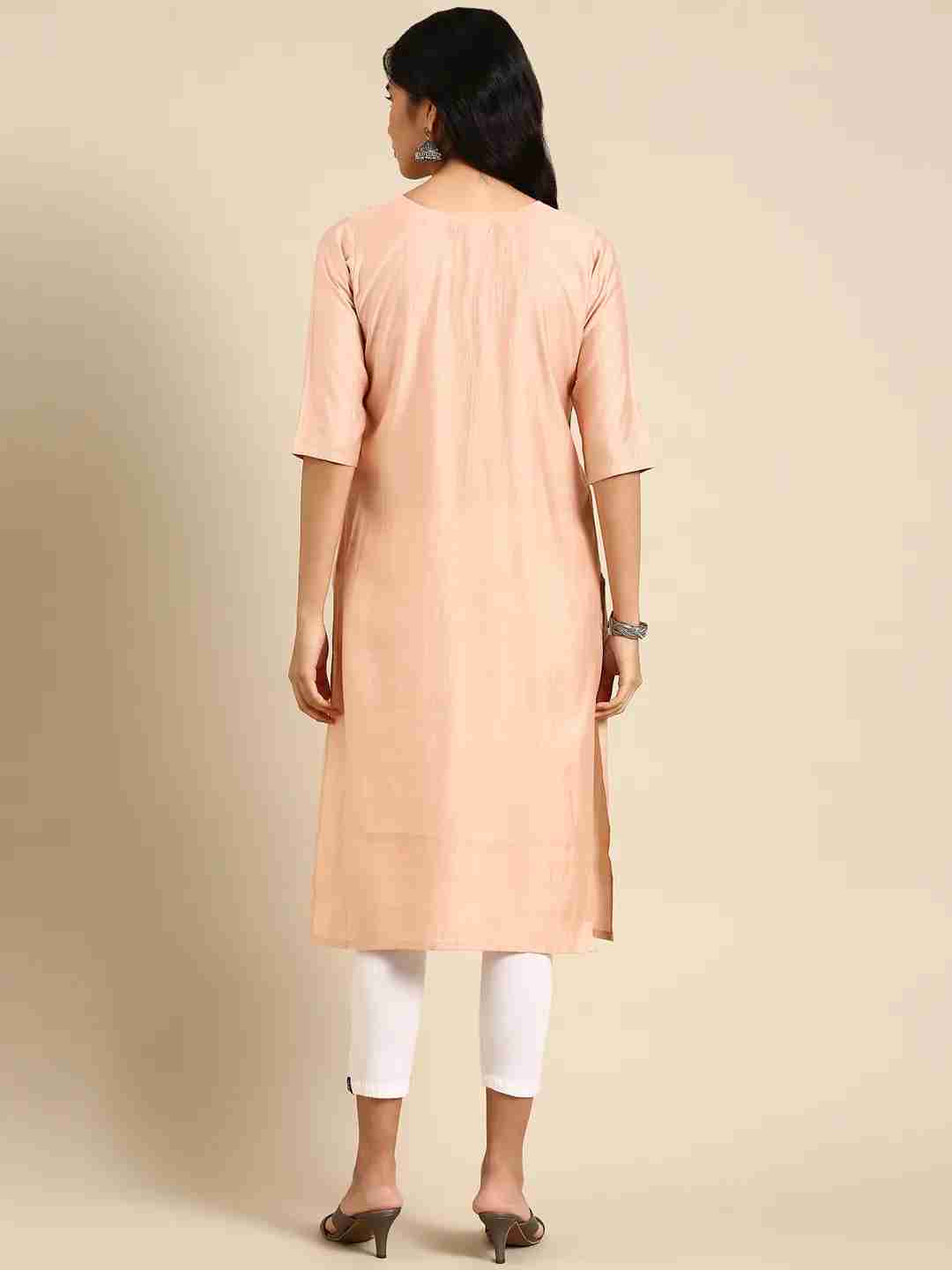 SHOWOFF Women Peach Solid Round Neck Three-Quarter Sleeves Mid Length Straight Kurta