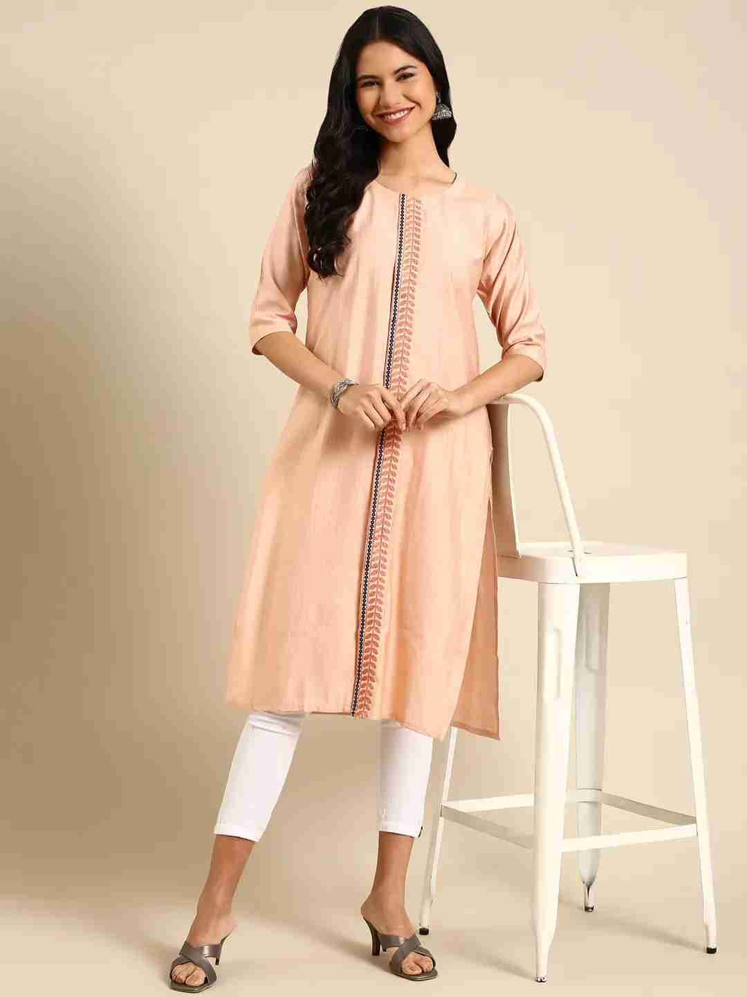 SHOWOFF Women Peach Solid Round Neck Three-Quarter Sleeves Mid Length Straight Kurta
