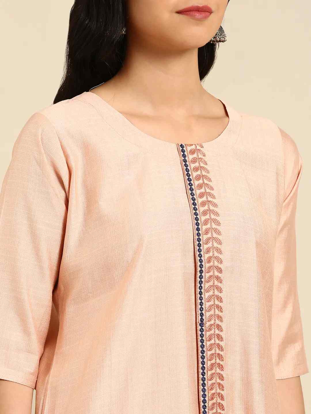 SHOWOFF Women Peach Solid Round Neck Three-Quarter Sleeves Mid Length Straight Kurta