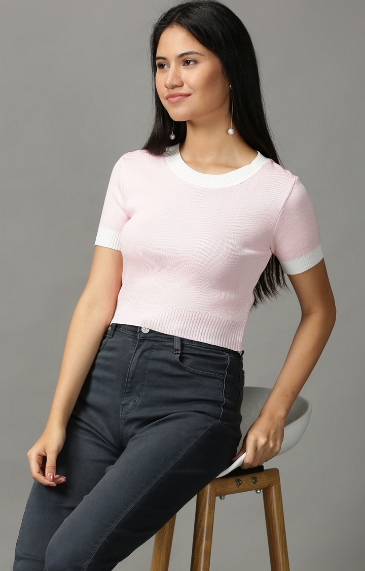 Showoff | SHOWOFF Women Pink Solid Round Neck Short Sleeves Crop Fitted Top 1