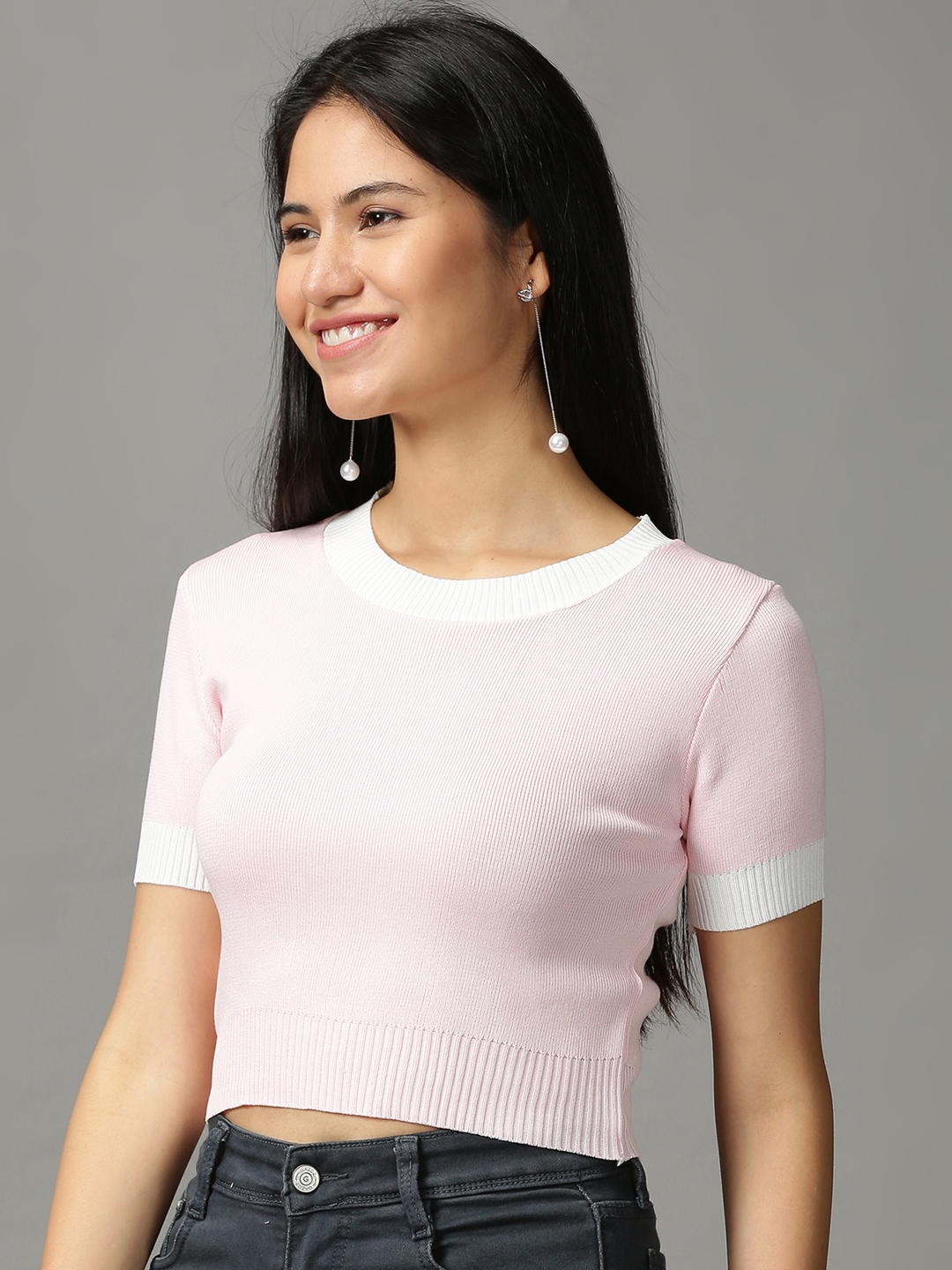 Showoff | SHOWOFF Women Pink Solid Round Neck Short Sleeves Crop Fitted Top 2