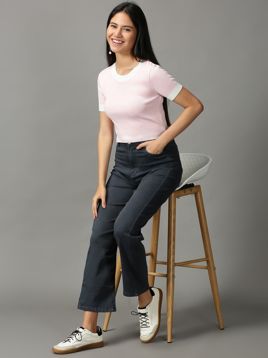 Showoff | SHOWOFF Women Pink Solid Round Neck Short Sleeves Crop Fitted Top 4