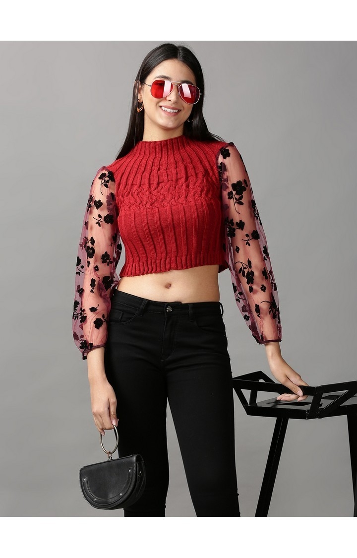 Showoff | SHOWOFF Women's High Neck Fitted Solid Maroon Crop Top 1