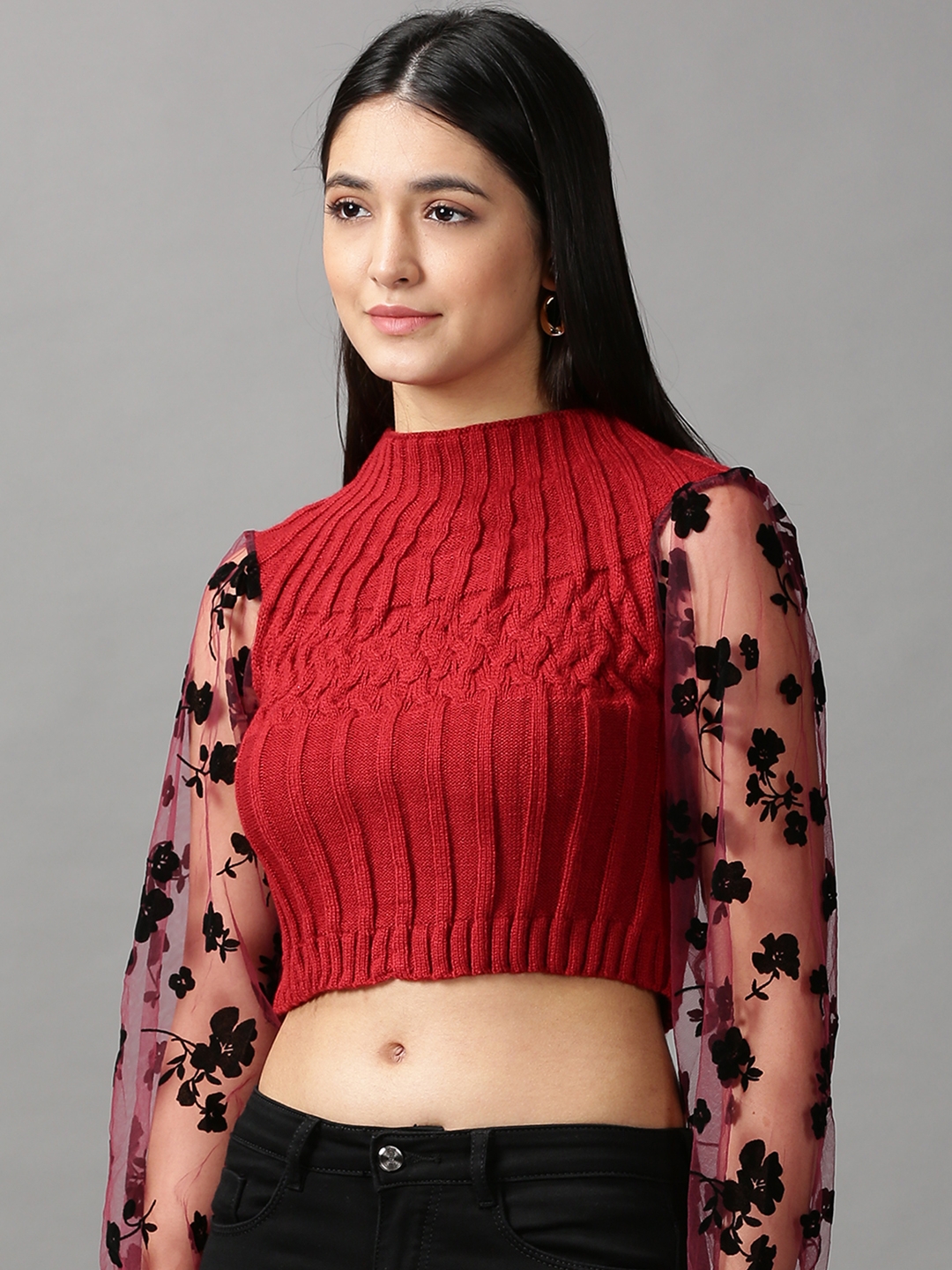 Showoff | SHOWOFF Women's High Neck Fitted Solid Maroon Crop Top 2