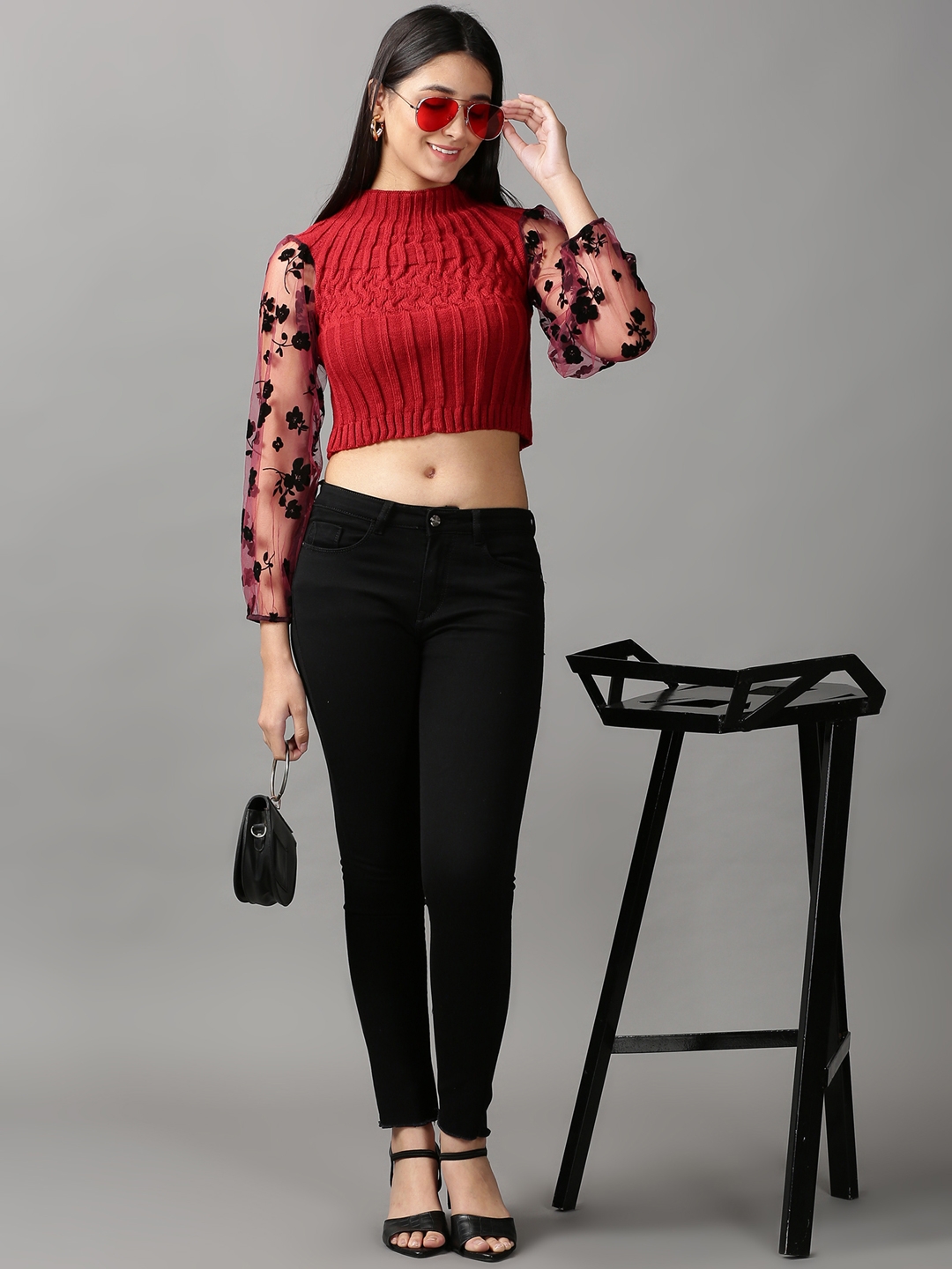 Showoff | SHOWOFF Women's High Neck Fitted Solid Maroon Crop Top 4