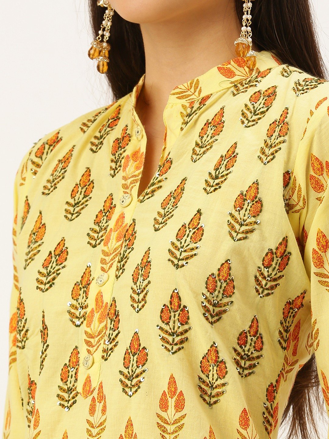 SHOWOFF Women Yellow Embellished Mandarin Collar Three-Quarter Sleeves Mid Length Straight Kurta