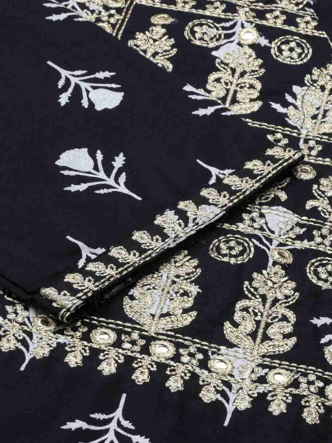 SHOWOFF Women Navy Blue Ethnic Motifs Round Neck Three-Quarter Sleeves Mid Length Straight Kurta