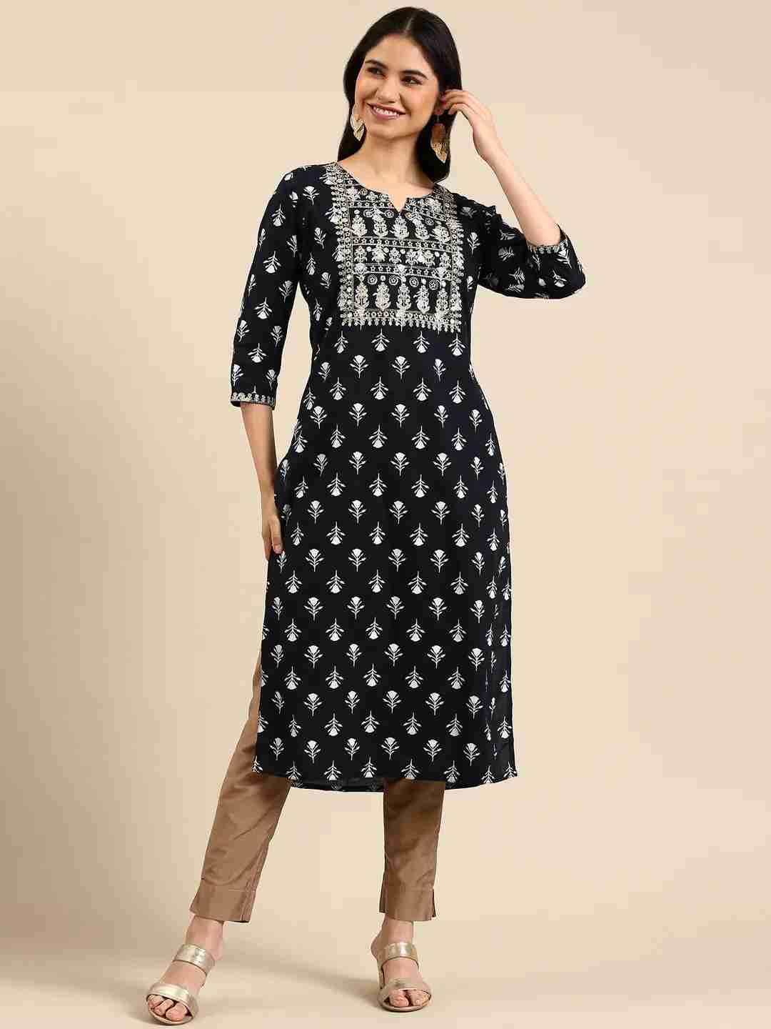 SHOWOFF Women Navy Blue Ethnic Motifs Round Neck Three-Quarter Sleeves Mid Length Straight Kurta