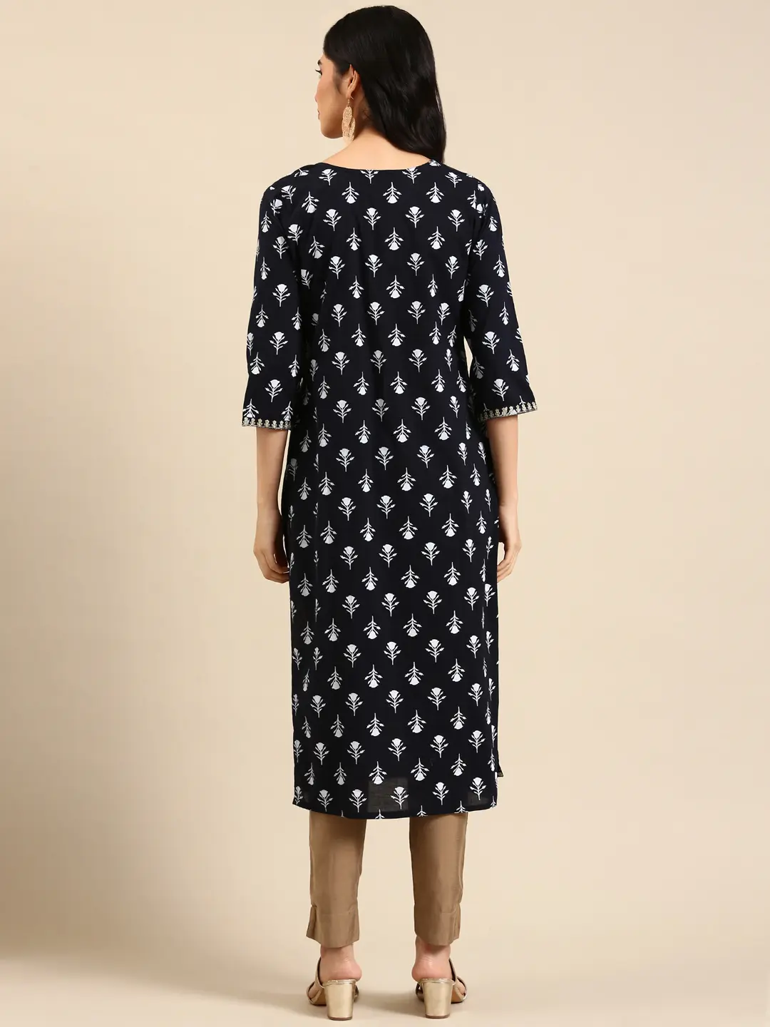 SHOWOFF Women Navy Blue Ethnic Motifs Round Neck Three-Quarter Sleeves Mid Length Straight Kurta